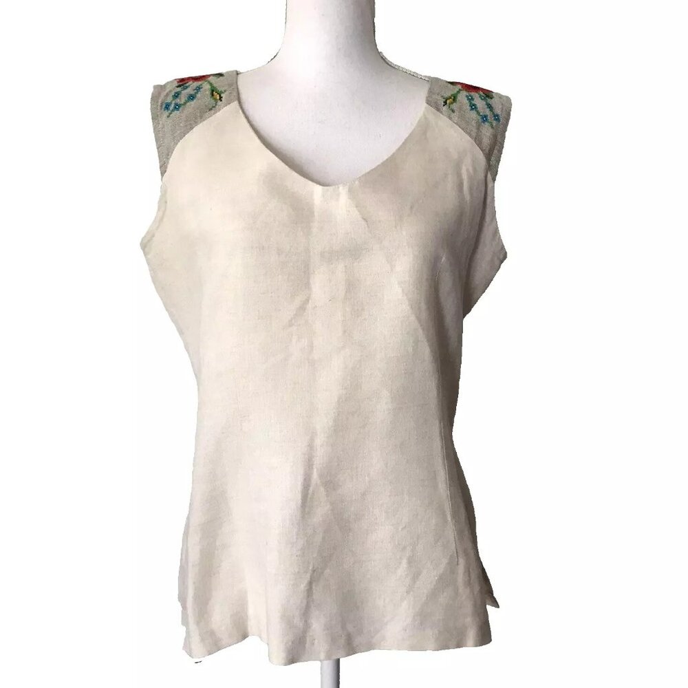 Esencia Maya Ivory Linen Blouse Top with Embroidered Shoulders Mexican